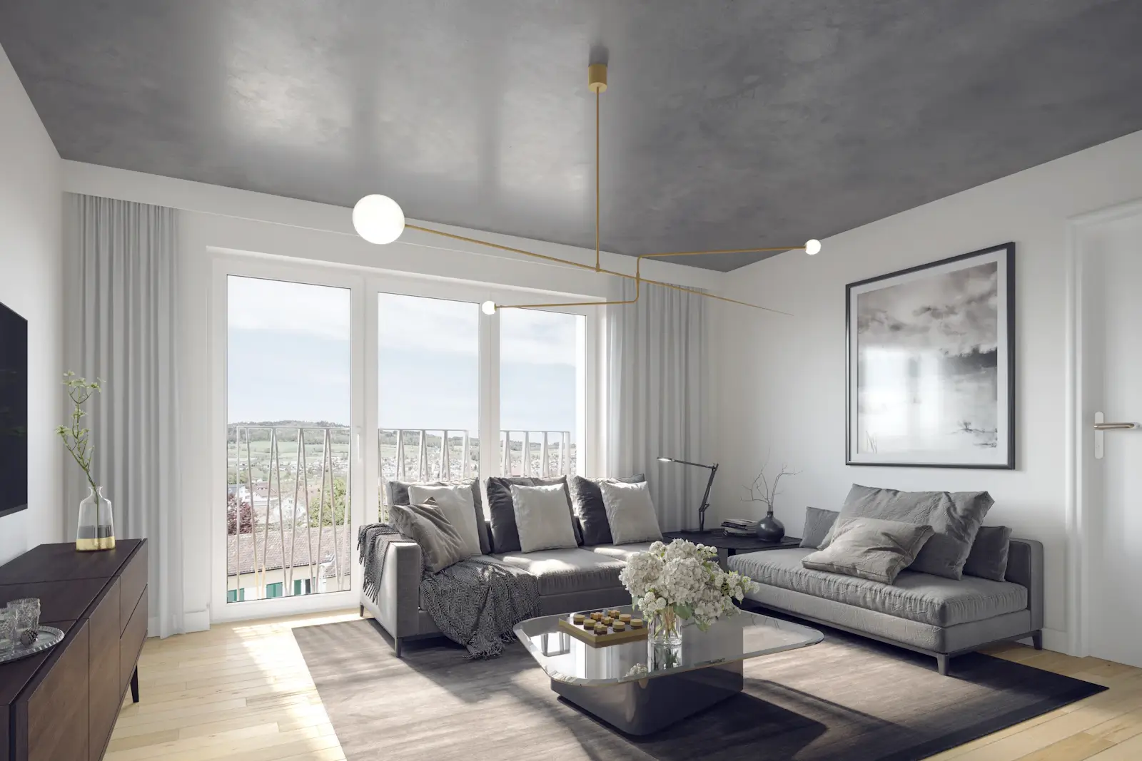 After: a calm living room under a concrete ceiling, with a grey sofa and a wide window