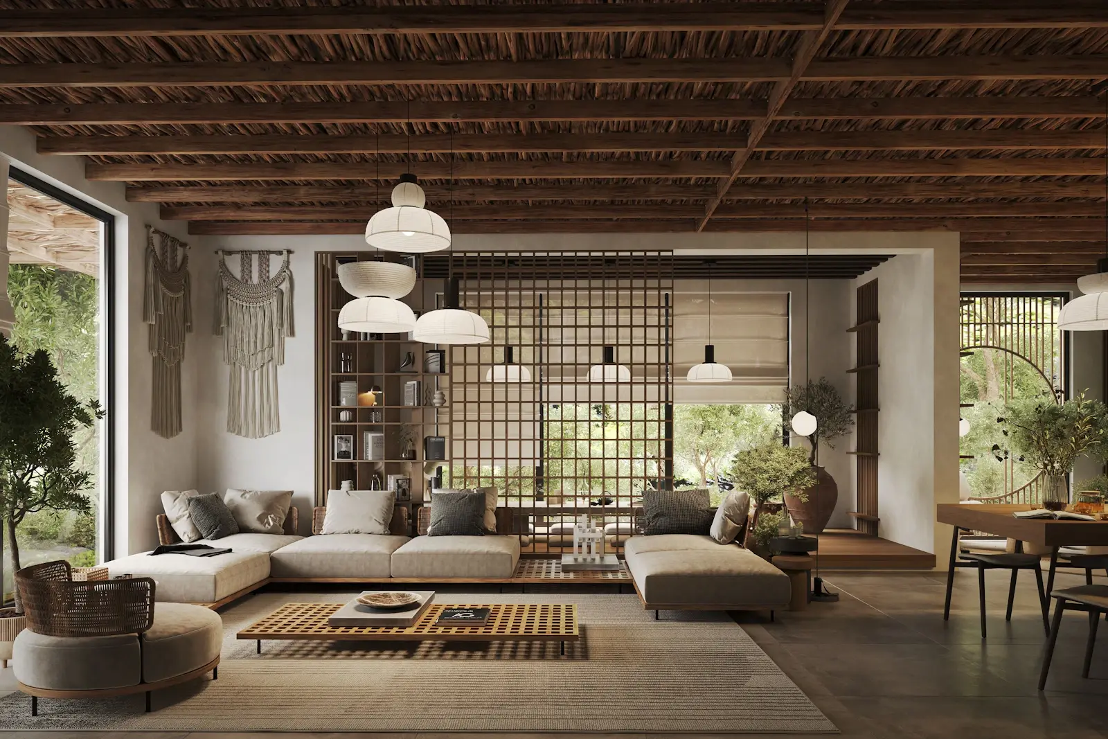 After: a spacious living room with a low sofa, rustic decor and a wooden beamed ceiling