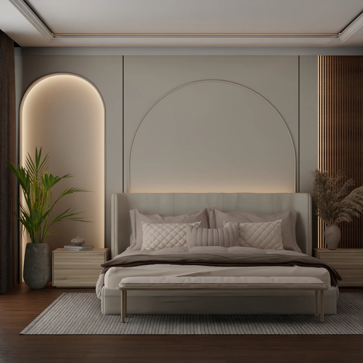 A neutral bedroom with an arched panelled wall, a padded headboard and soft linen bedding