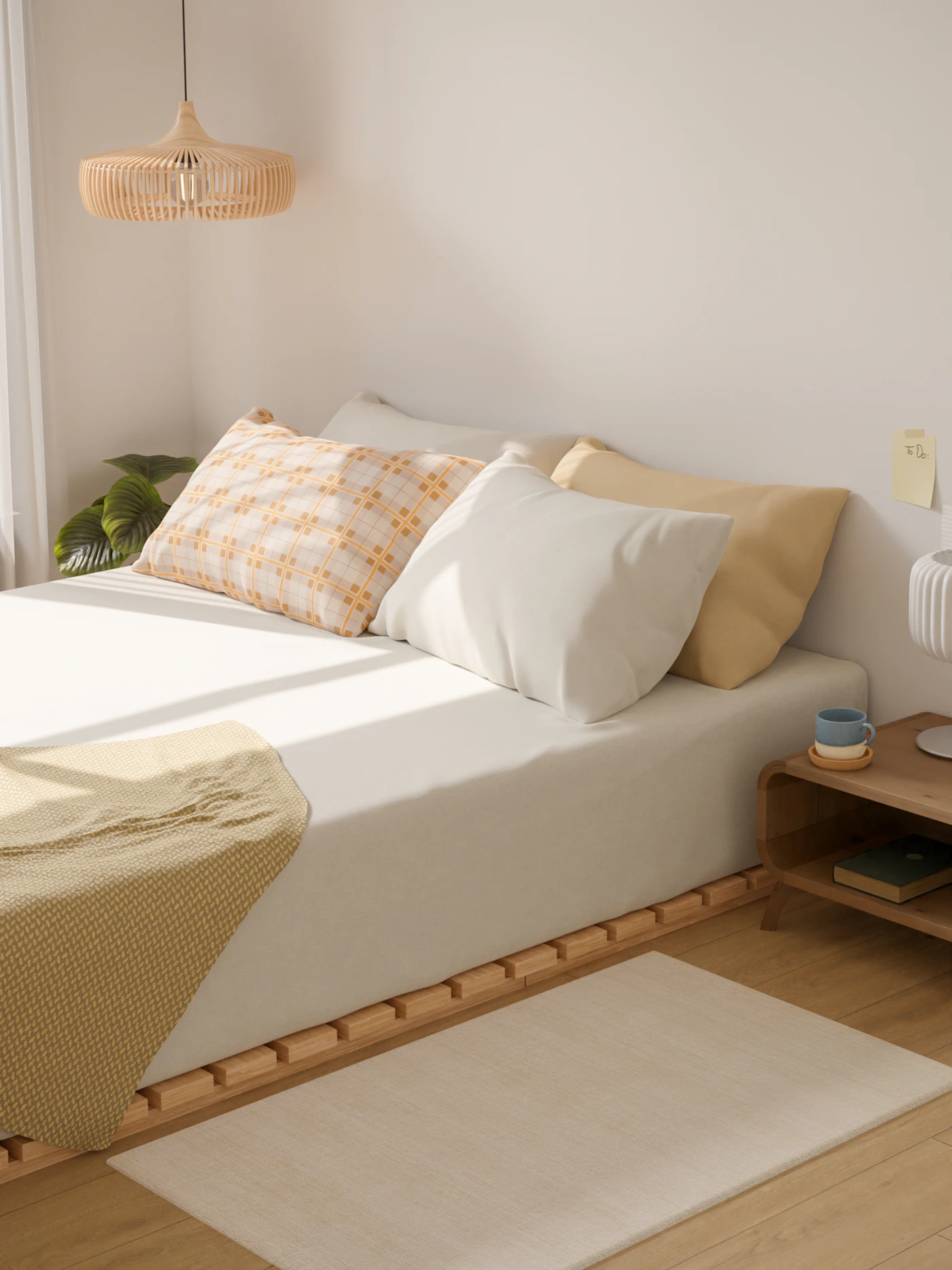 A freshly made bed with a white duvet and cream and peach pillows in soft morning light
